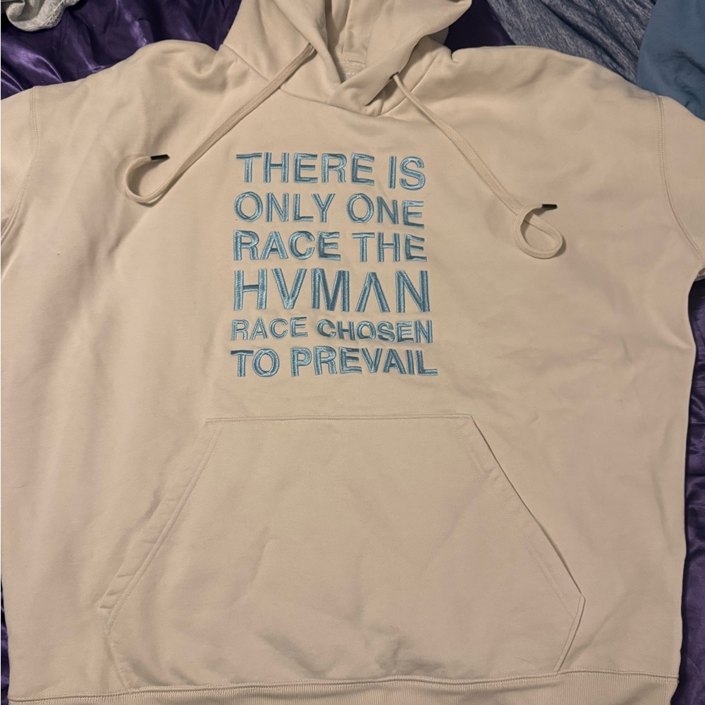 Cream Hoodie with Blue Text